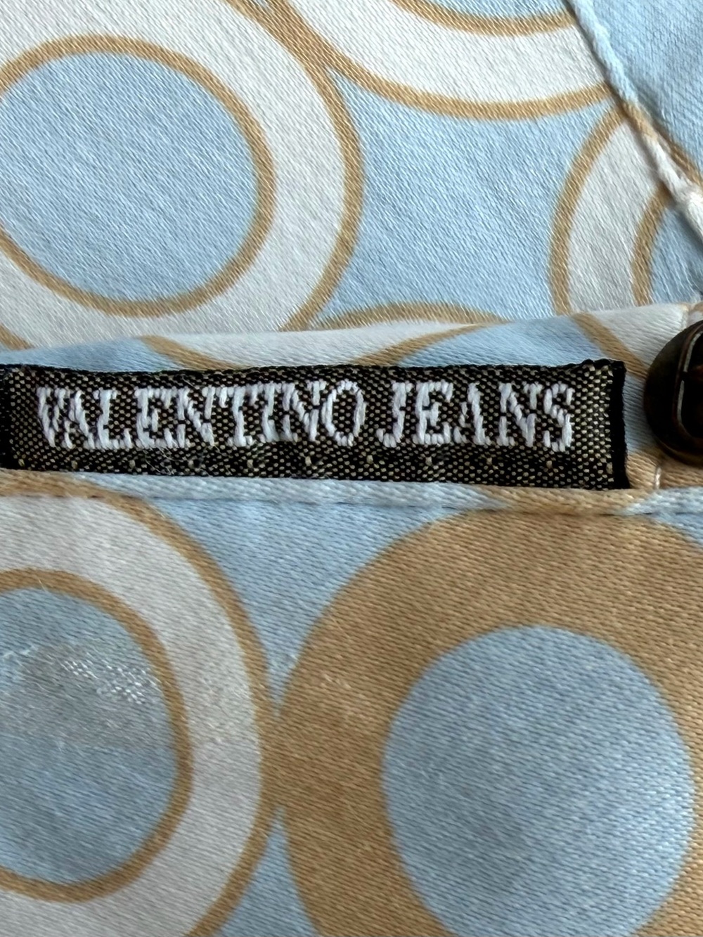 Valentino Jeans 5 pocket pants, lt blue, tan circles, cropped, hem slits, 26,GUC - Picture 8 of 13